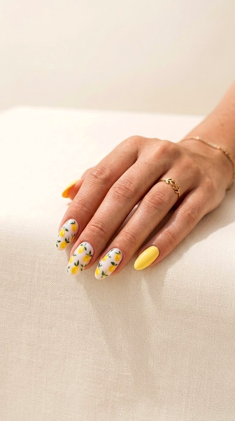 Lemon Print Medium Almond Summer Nails - 20 Medium Almond Summer Nails