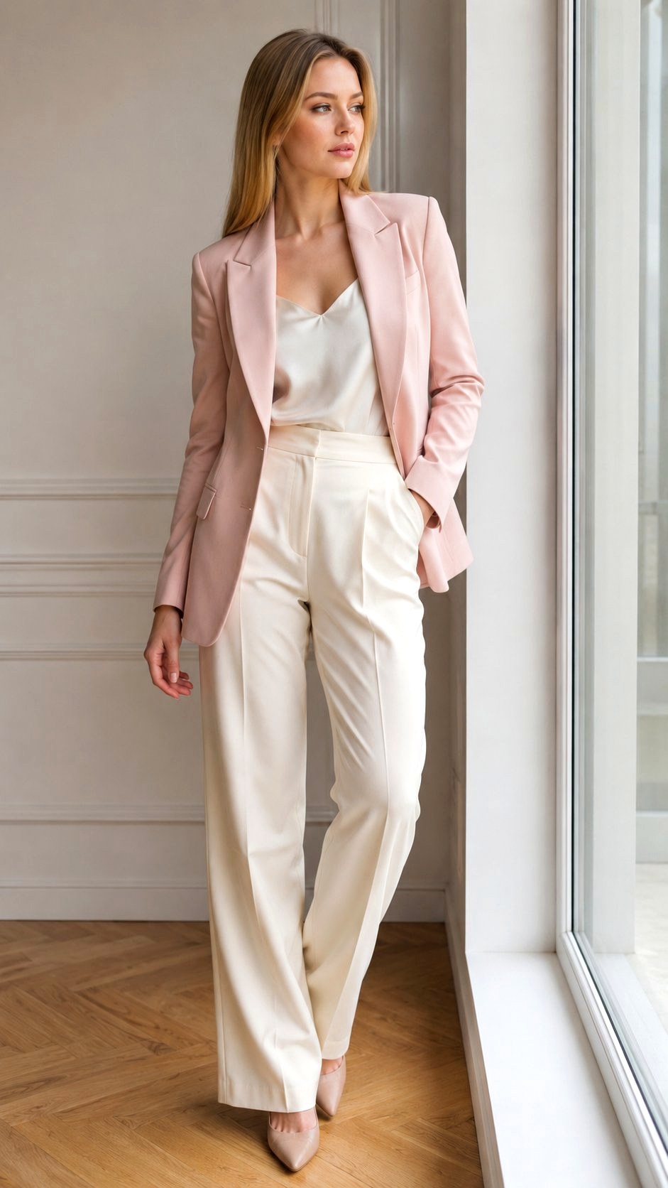 Light Pink Blazer and White Silk Camisole - 21 light pink outfit ideas