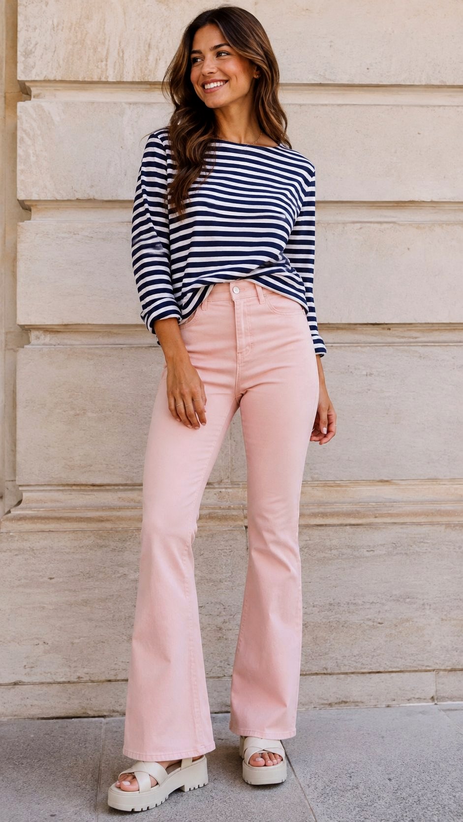 Light Pink Flared Pants and Striped Breton Top - 21 light pink outfit ideas