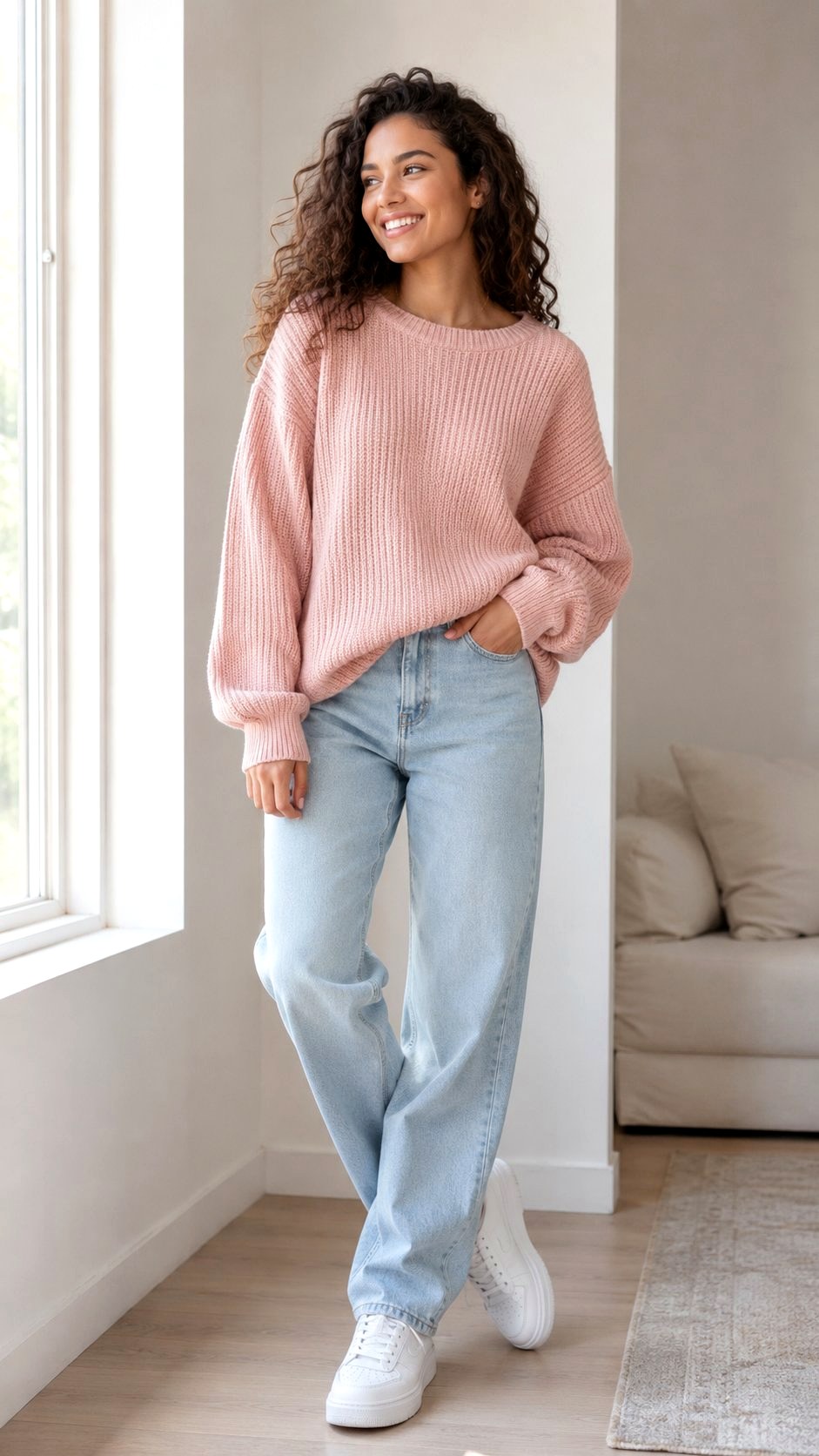 Light Pink Oversized Knit Sweater and Light Wash Denim - 21 light pink outfit ideas