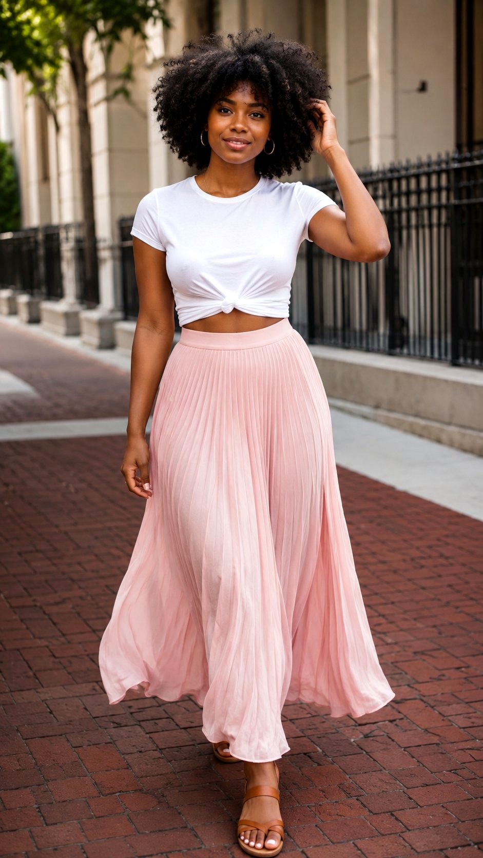 Light Pink Pleated Maxi Skirt and White Fitted Tee - 21 light pink outfit ideas