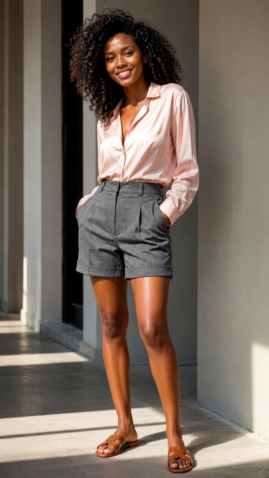 Light Pink Silk Blouse and Tailored Grey Shorts - 21 light pink outfit ideas