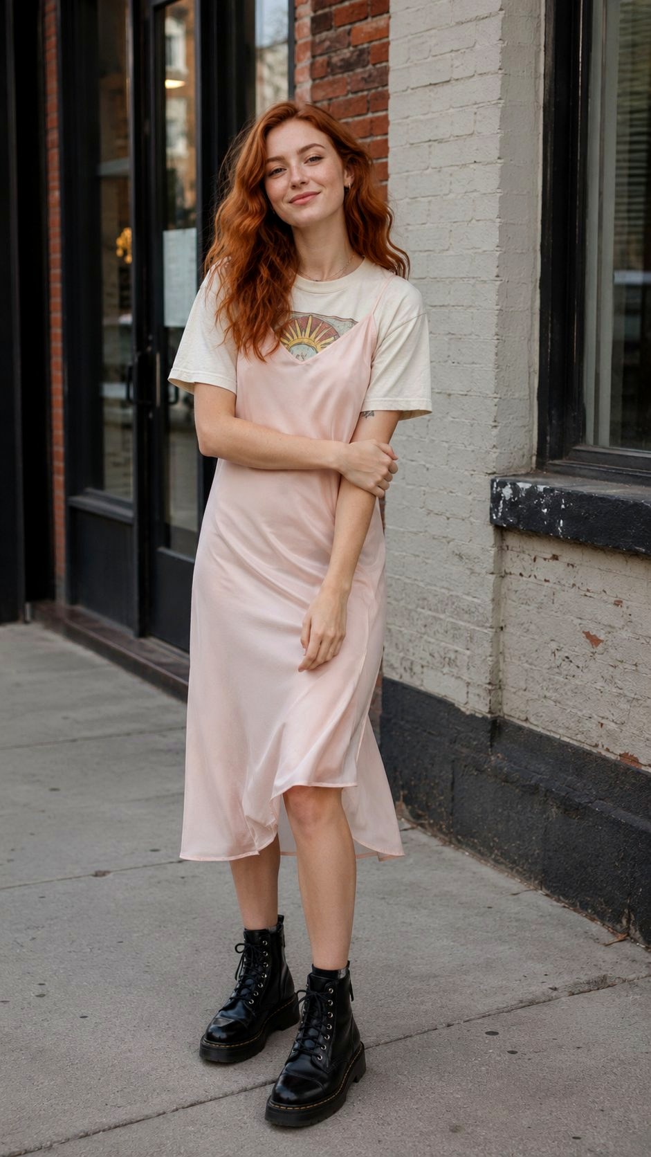 Light Pink Slip Dress and Chunky Combat Boots - 21 light pink outfit ideas