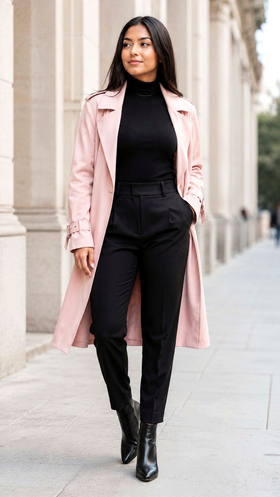 Light Pink Trench Coat and Black Turtleneck - 21 light pink outfit ideas