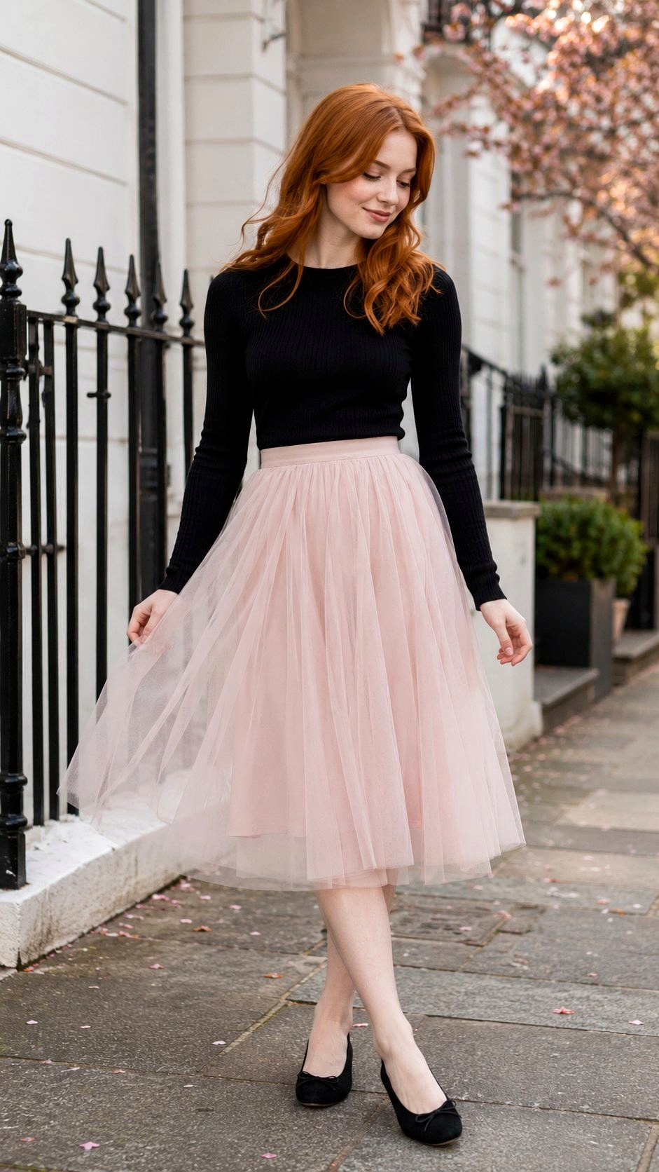 Light Pink Tulle Skirt and Black Fitted Sweater - 21 light pink outfit ideas