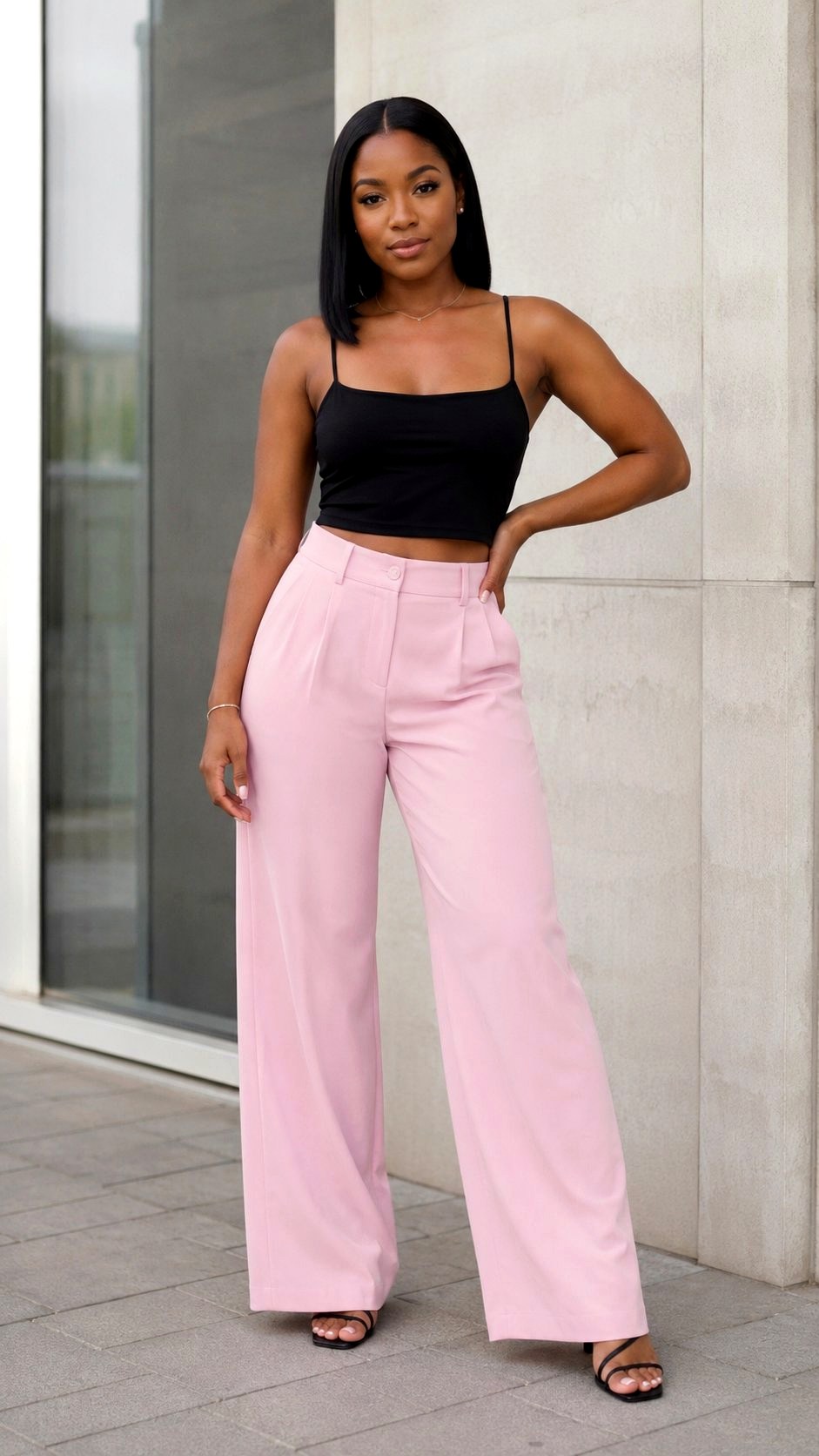 Light Pink Wide Leg Trousers and Black Crop Top - 21 light pink outfit ideas