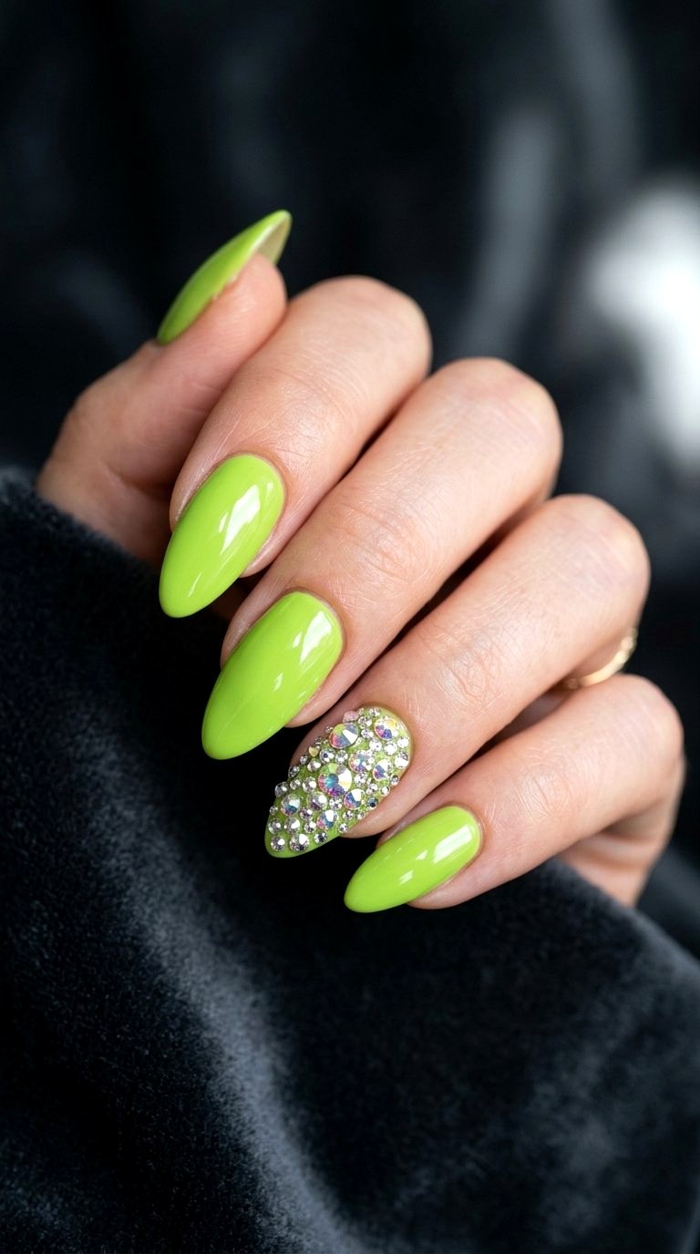 Lime Green Rhinestone Accent Nails - 21 Lime Green Nail Ideas