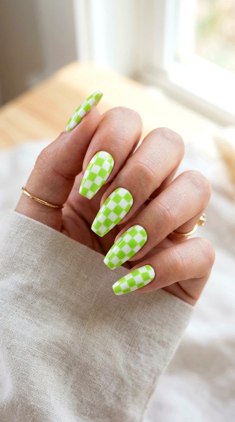 Lime Green and White Checkered Nails - 21 Lime Green Nail Ideas