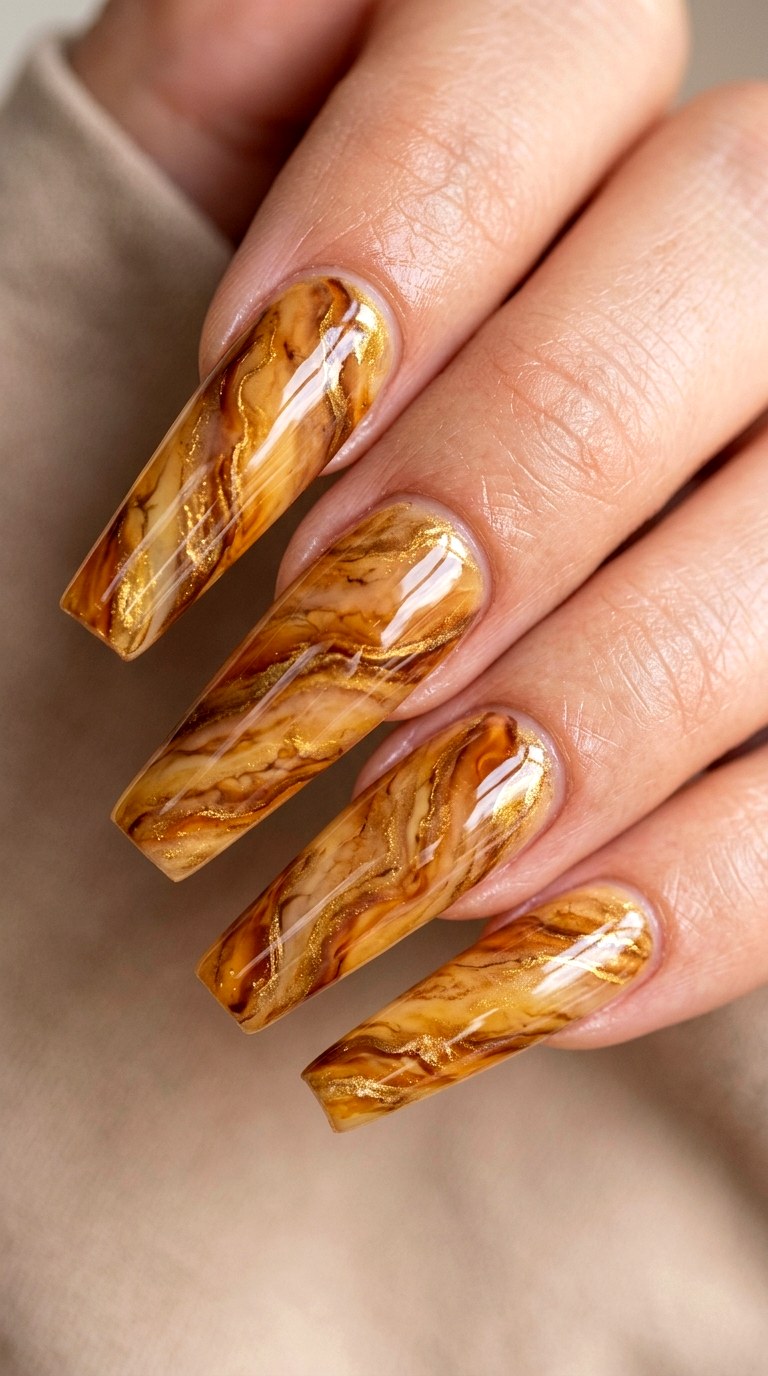 Long Ballerina Amber Swirl Nails - 22 Glossy Amber Marble Nails