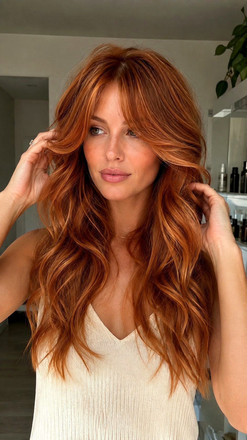 Long Copper Waves with Bardot Bangs - 25 bangs copper ideas