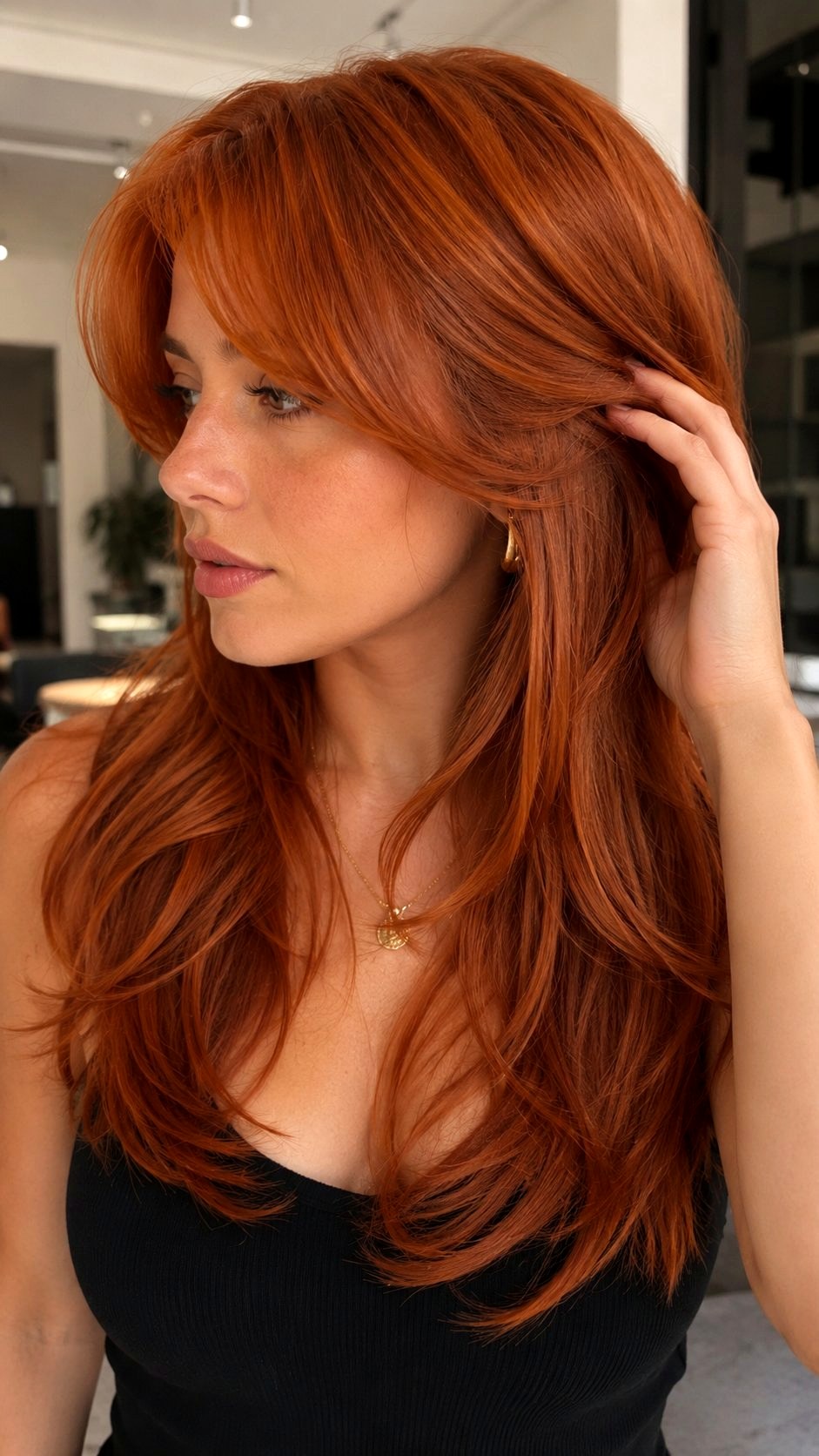 Long Layered Copper with Side Bangs - 25 bangs copper ideas