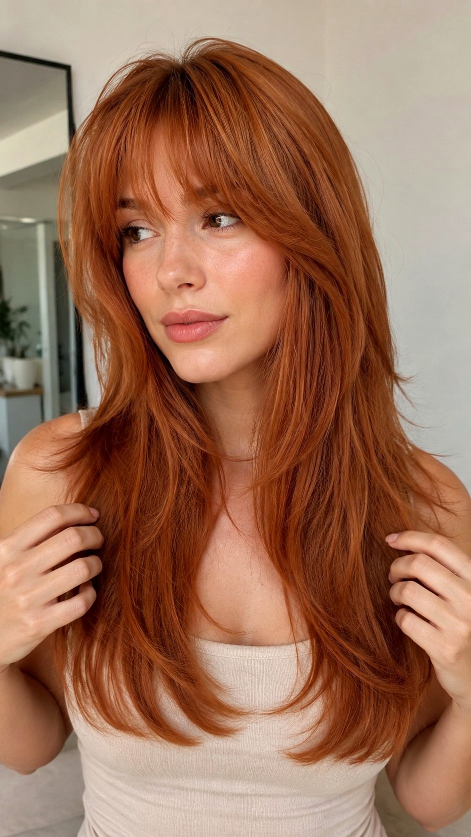 Long Layered Copper with Wispy Bangs - 25 bangs copper ideas