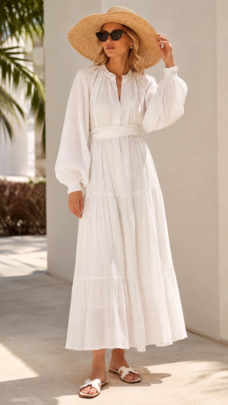 Long Sleeve White Summer Dress With Floppy Hat - 22 white summer dress outfit ideas