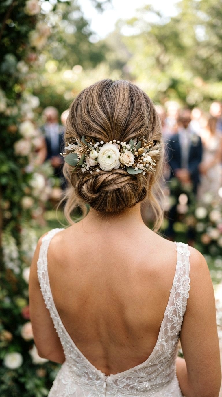 Low Bun with Hidden Floral Comb - 20 low bun hairstyles ideas