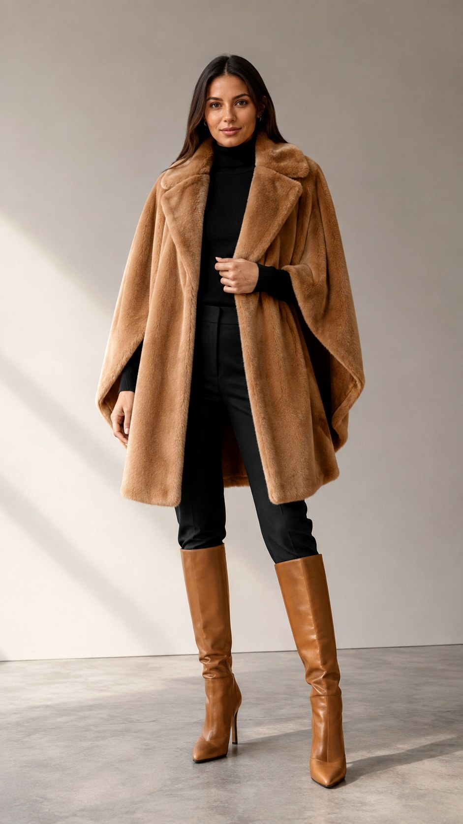 Luxurious Camel Faux Fur Cape Outfit Ideas - 24 pleated trouser outfit ideas