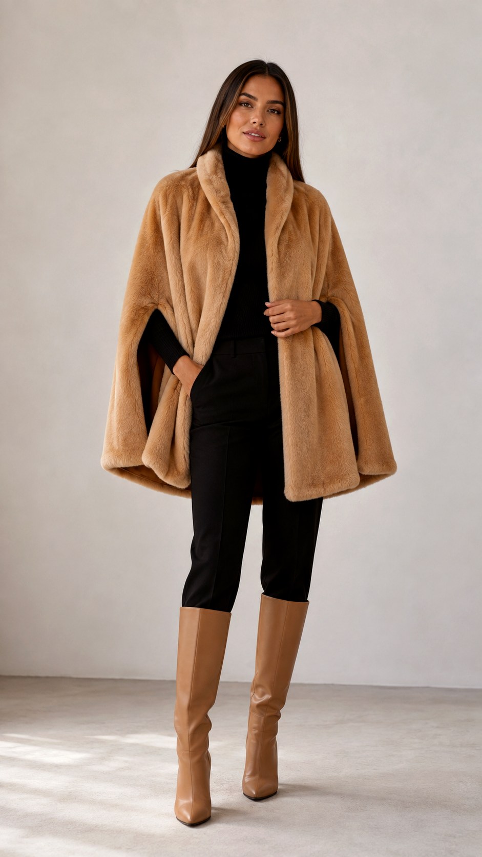 Luxurious Camel Faux Fur Cape Outfit Ideas - 24 cape outfit ideas