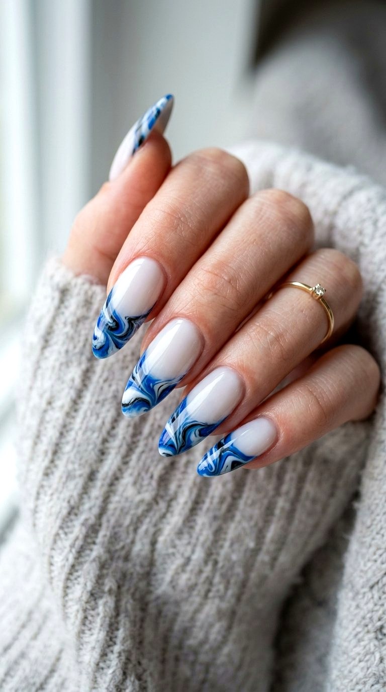 Marble Bright Blue French Tip Nails - 21 bright blue french tip nails