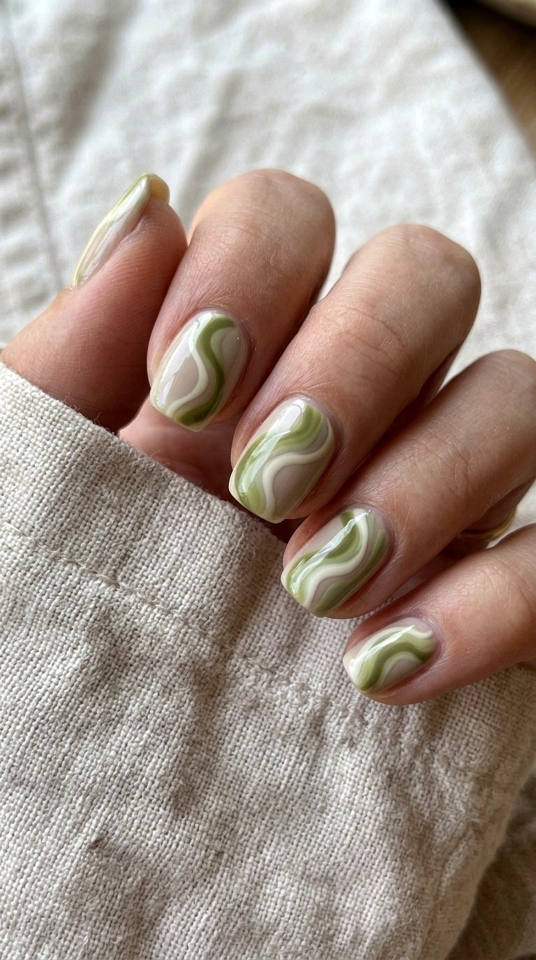 Matcha Green Minimalist Swirl Patterns - 24 Summer Nail Design Trends