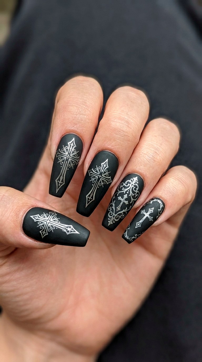 Matte Black Gothic Cross Nail Art - 23 gothic coffin nail art designs