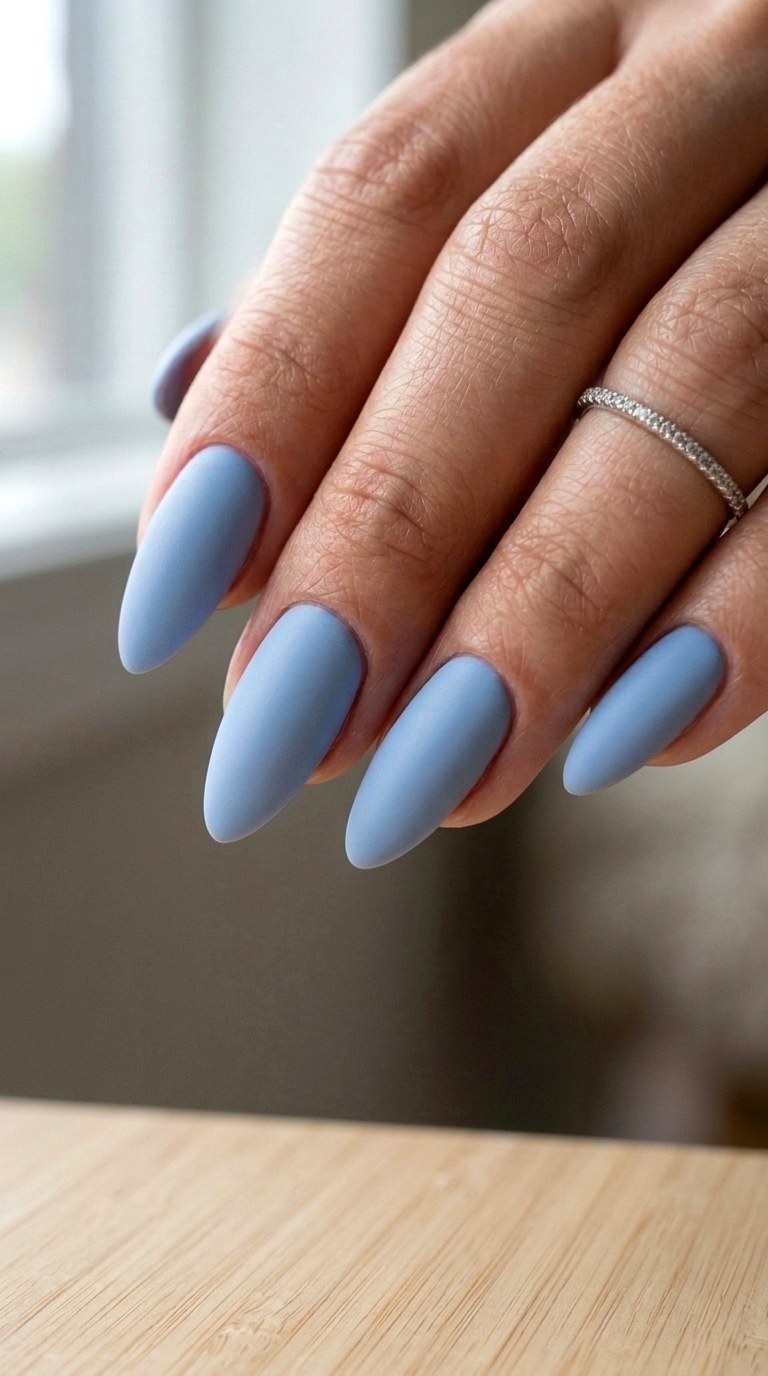 Matte Finish Powder Blue Almond Nails - 24 Powder Blue Gel Nail Ideas