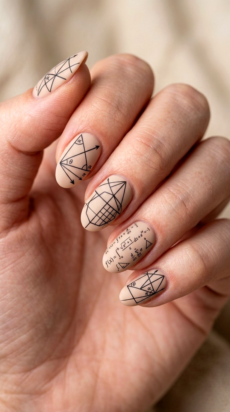 Matte Geometry Math Equation Nails - 23 back to school nail art ideas