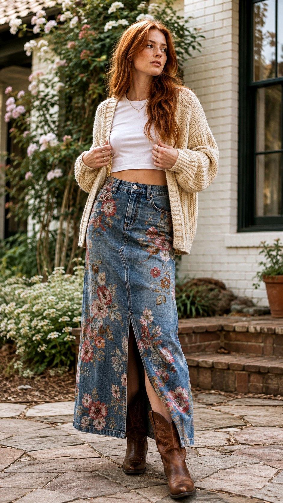Maxi Floral Denim Skirt Silhouette - 22 floral jeans outfit ideas