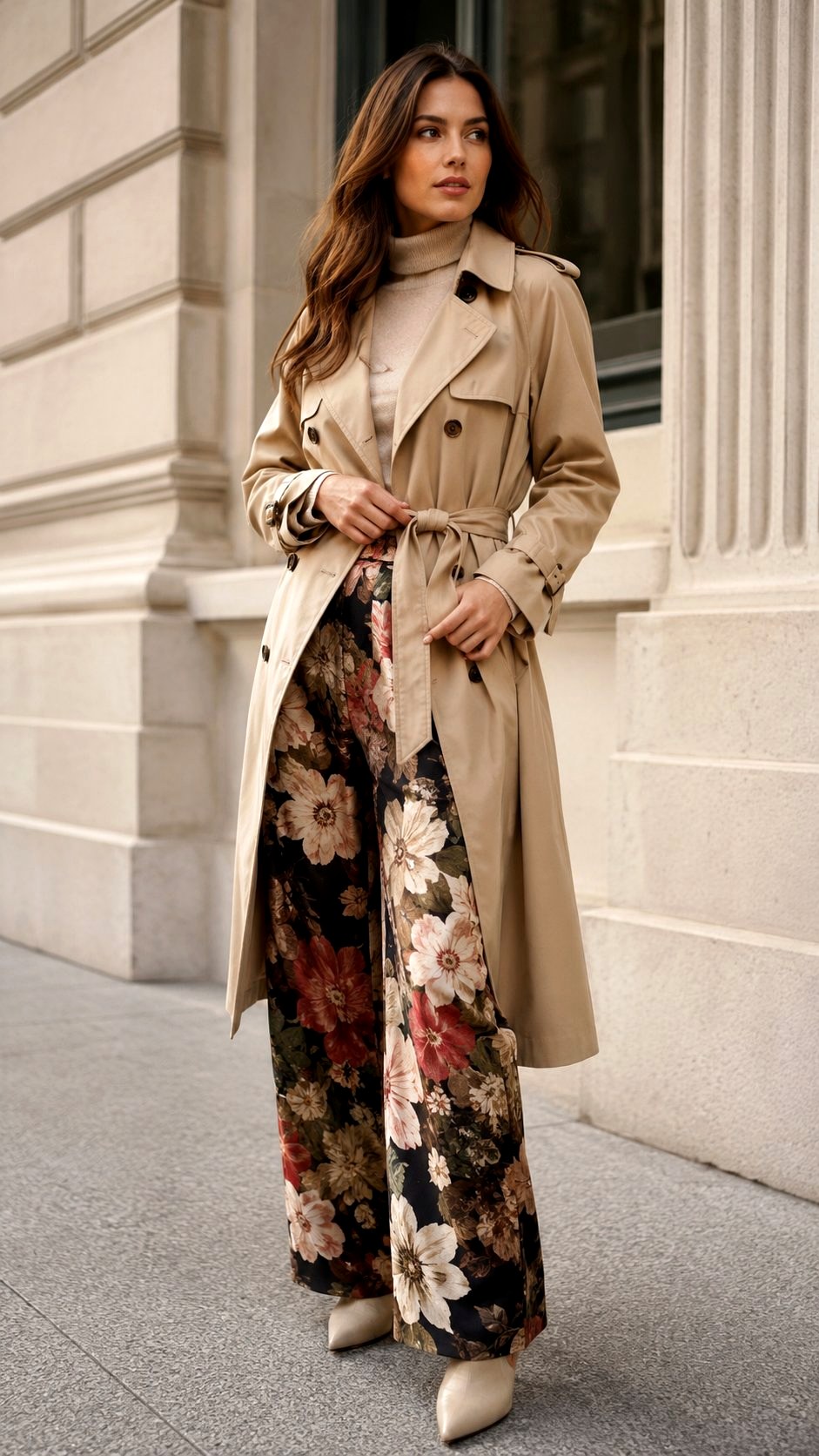 Maxi Floral Print Pants and Trench Coat - 21 floral print pants ideas