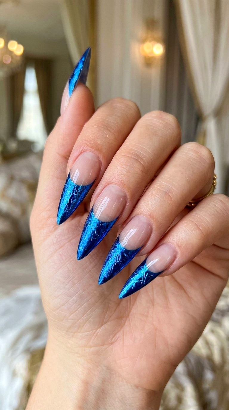 Metallic Bright Blue French Tip Nails - 21 bright blue french tip nails