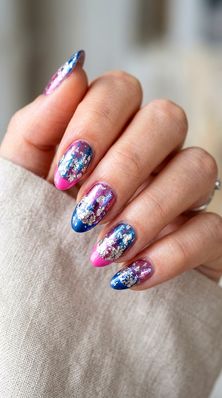 Metallic Foil Pink and Blue Nails - 23 pink and blue french tip nails