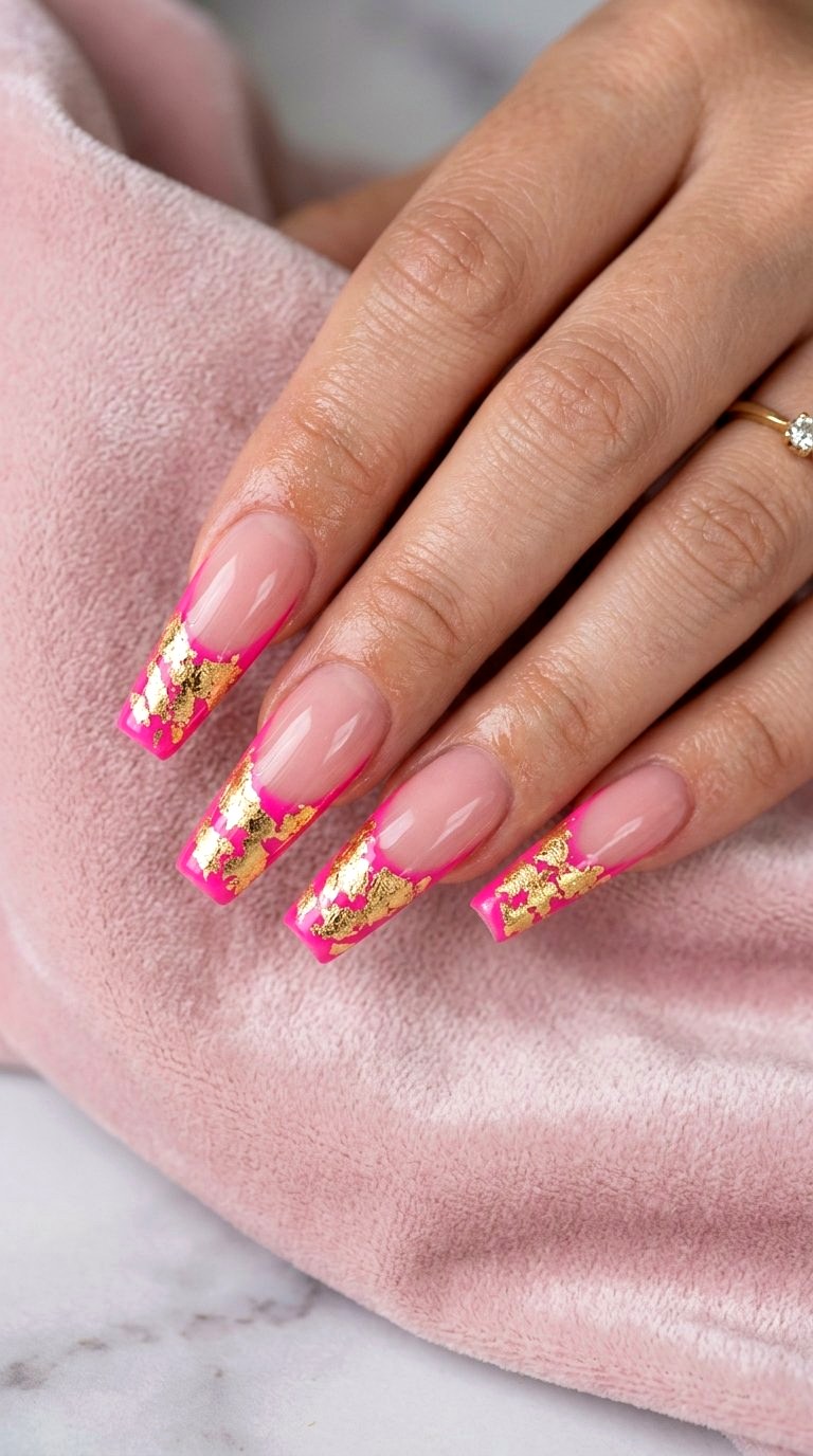 Metallic Gold Accented Bright Pink French Tip Nails - 21 bright pink french tip nails