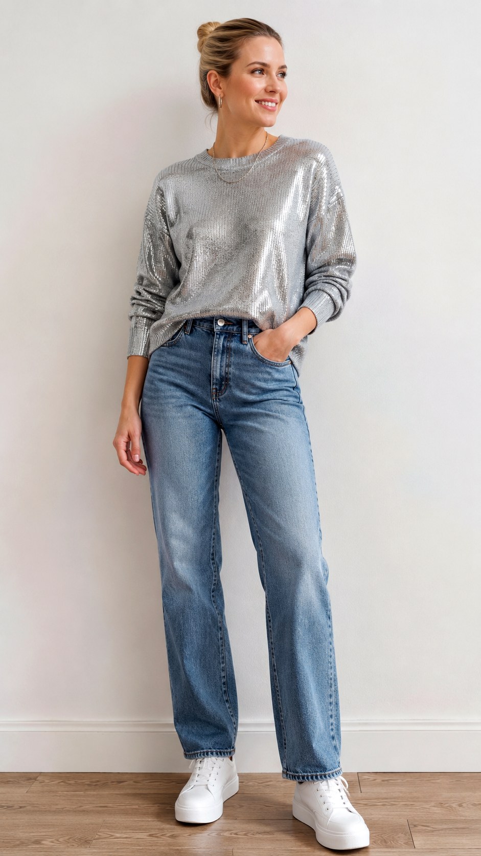 Metallic Knit and Senior Jeans - 24 senior homecoming jean outfit ideas