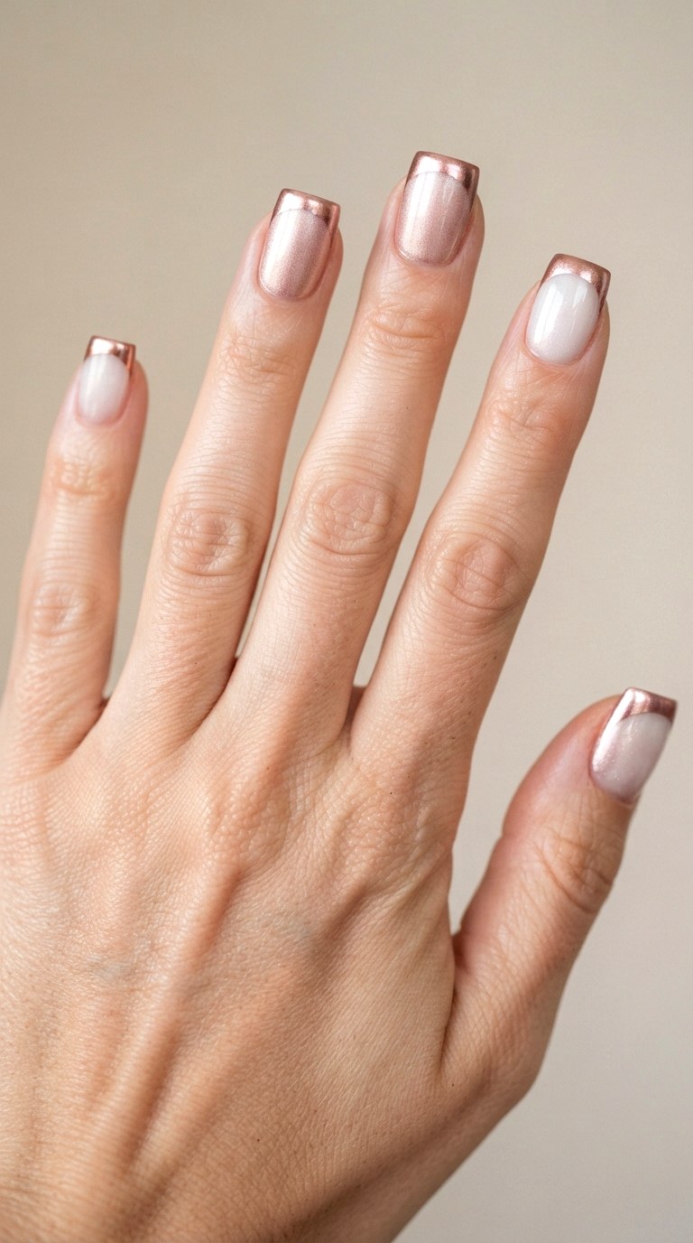 Metallic Rose Gold French Tip Design - 24 thick french tip nail art designs