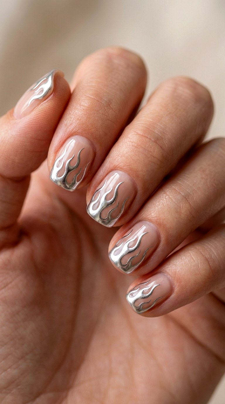Metallic Silver Flames Nail Art - 23 short teen nail art ideas