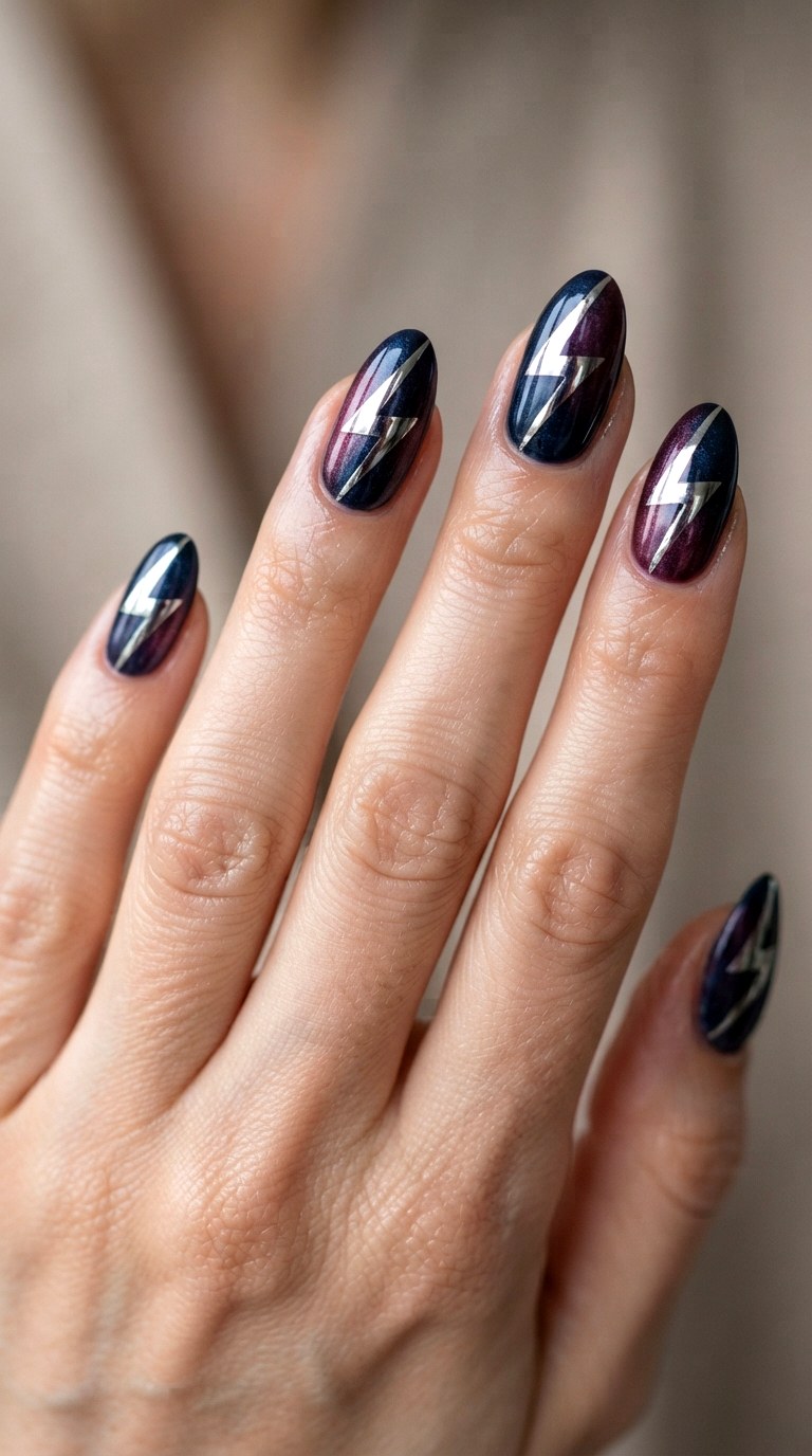 Metallic Silver Lightning Bolt Accents - 22 teen back to school nail art designs