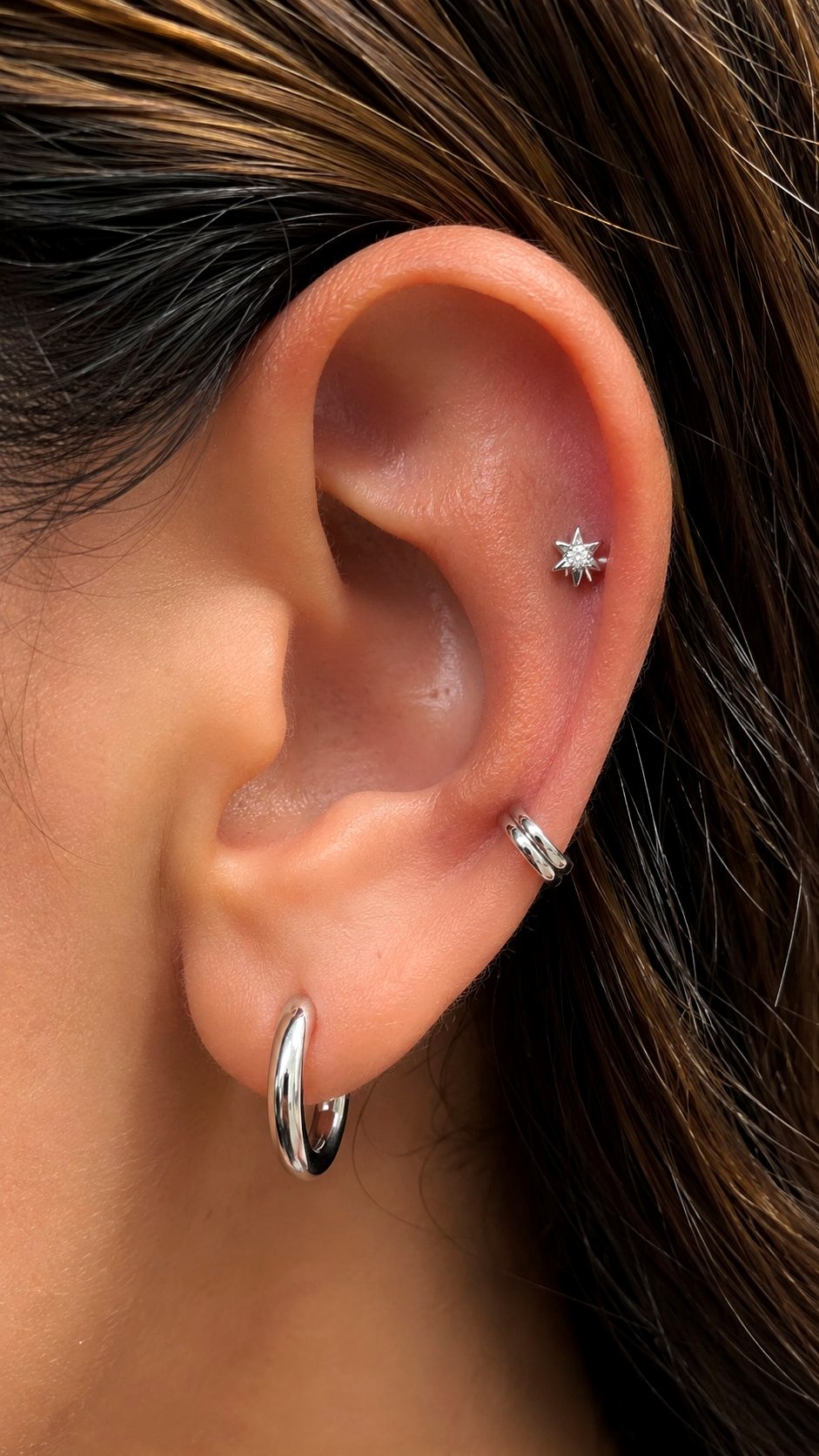 Mid Helix Threadless Star Stud - 21 Silver Earrings Stack Ideas