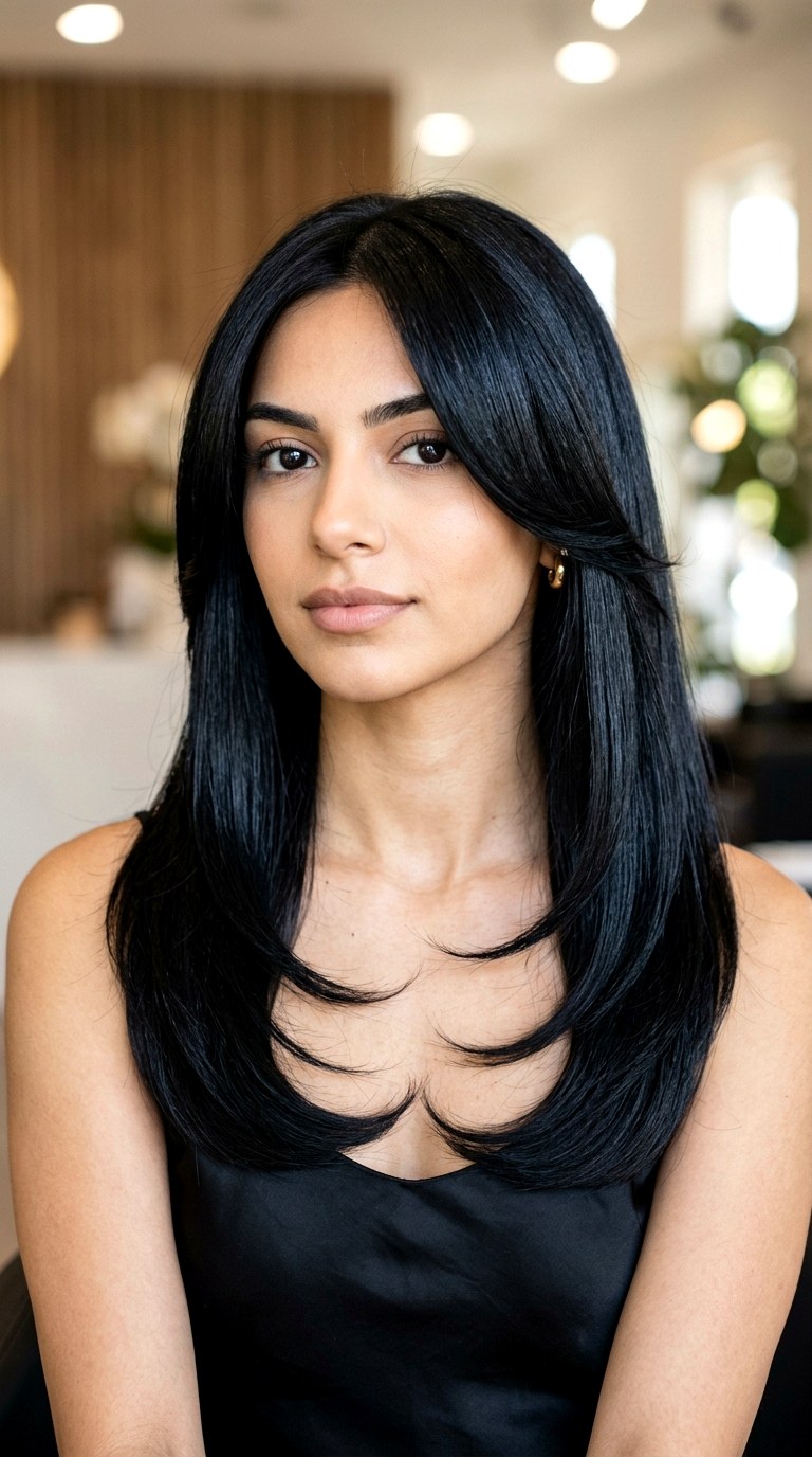 Midnight Black Sleek Butterfly Layers - 22 butterfly layers hair long ideas