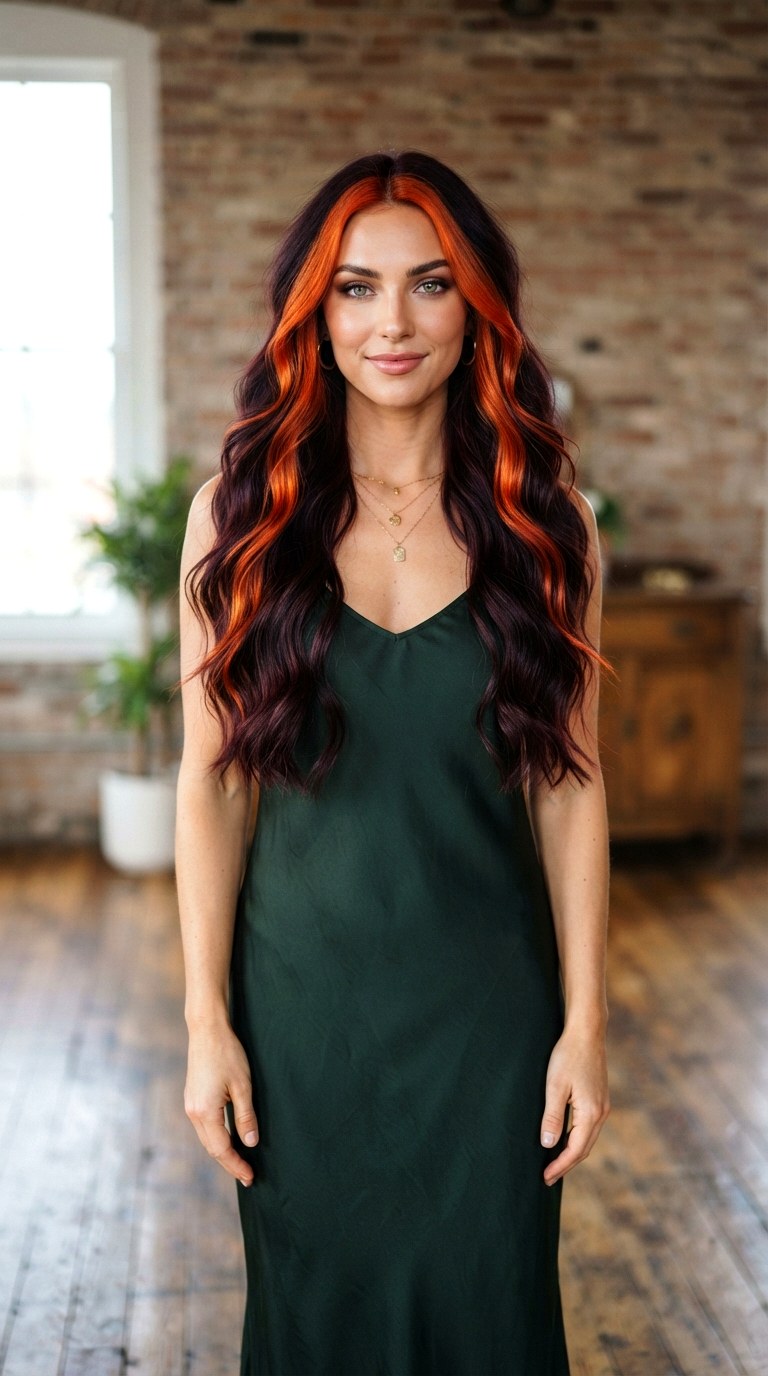 Midnight Copper Money Piece - 22 long hair dye ideas