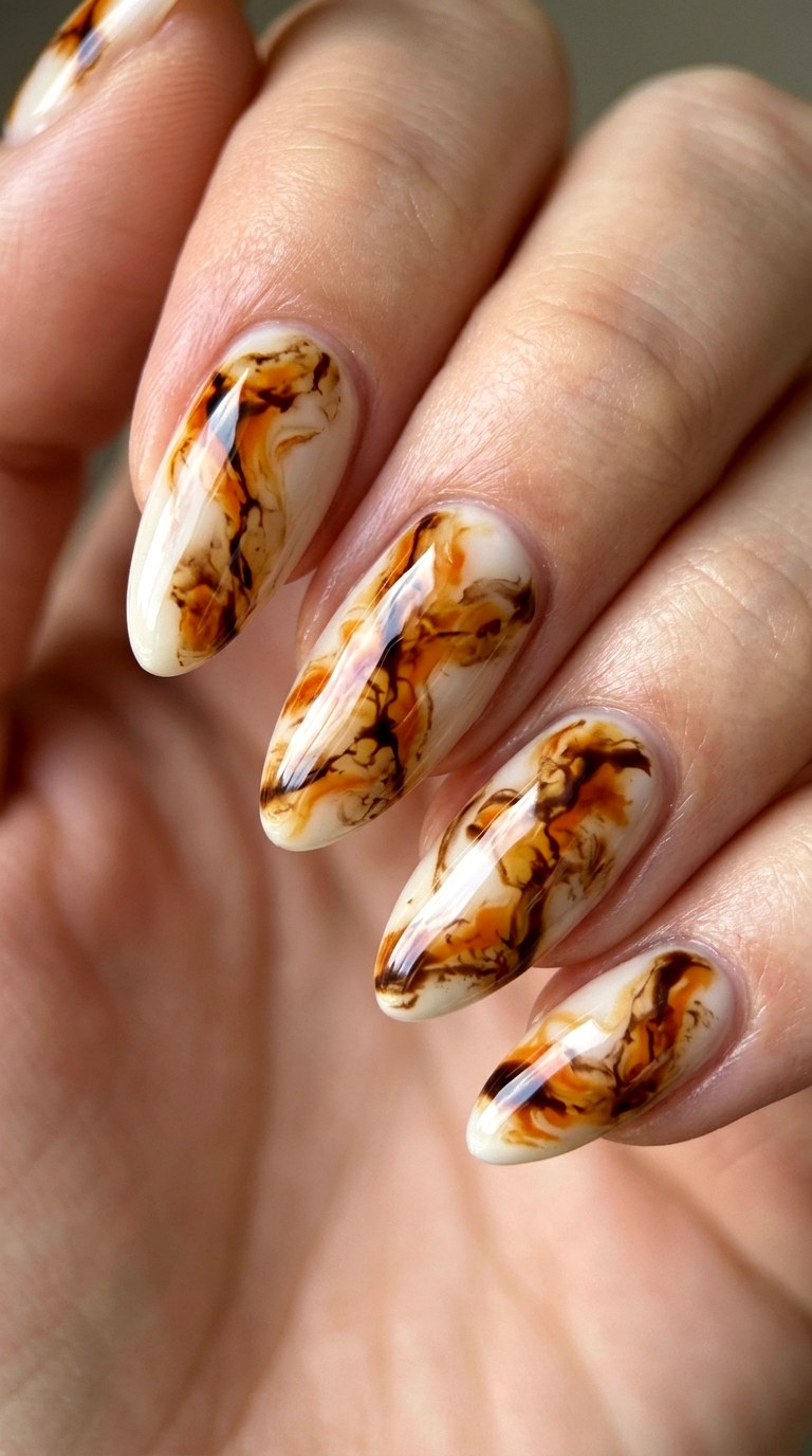 Milky Base Amber Veins - 22 Glossy Amber Marble Nails