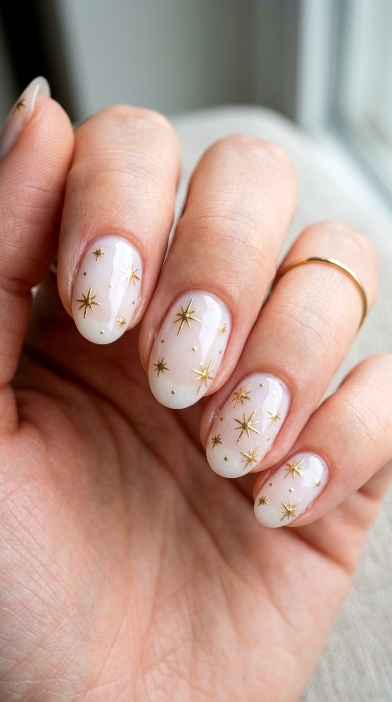 Milky Base Gold Starbursts - 22 Simple Summer Nail Designs