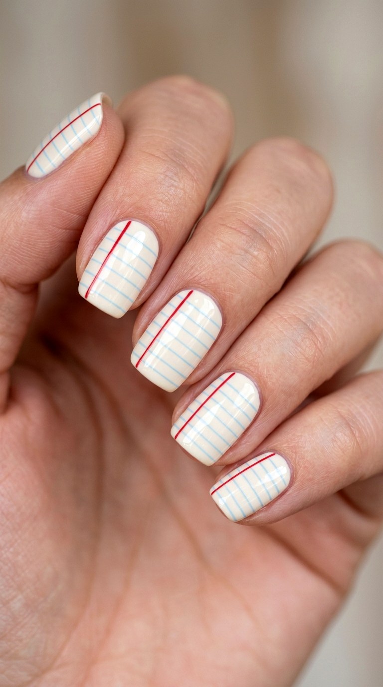 Minimalist Lined Paper Nail Art - 23 back to school nail art ideas