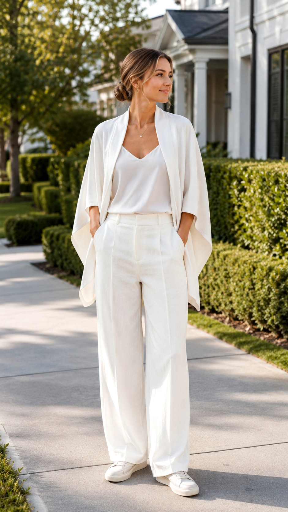 Minimalist White Cashmere Cape Outfit Ideas - 24 pleated trouser outfit ideas