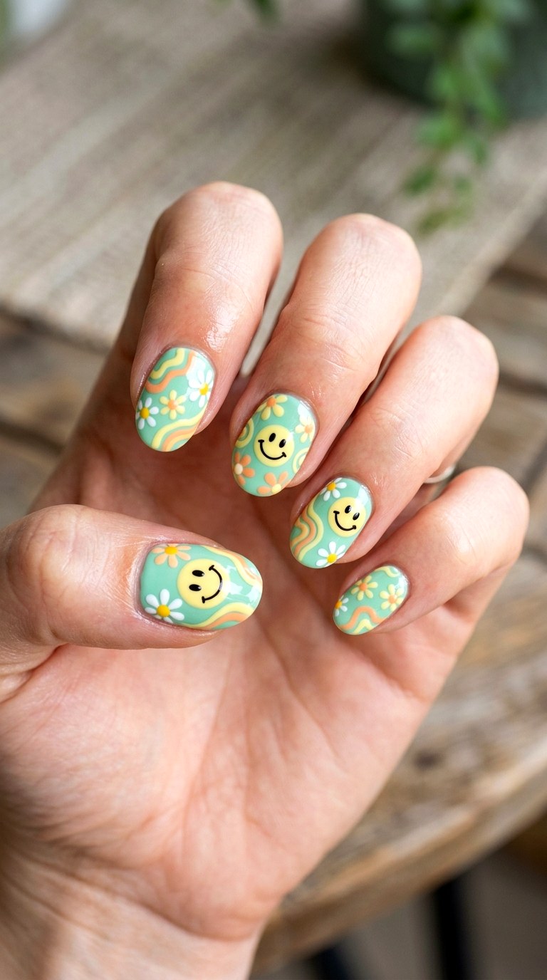 Mint Green Retro Groovy Smiles - 22 Summer Nail Art Ideas