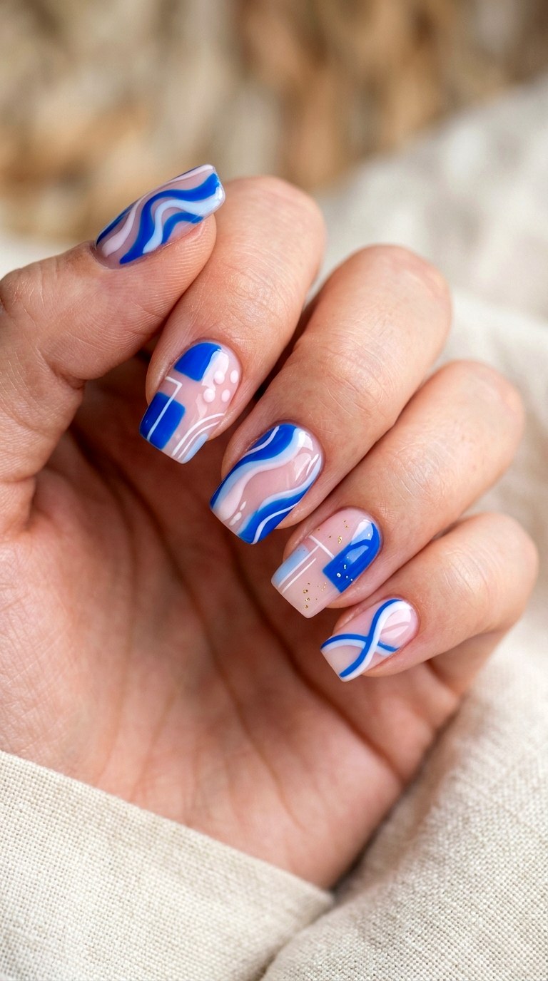 Mismatched Abstract Bright Blue Nails - 22 bright blue nails