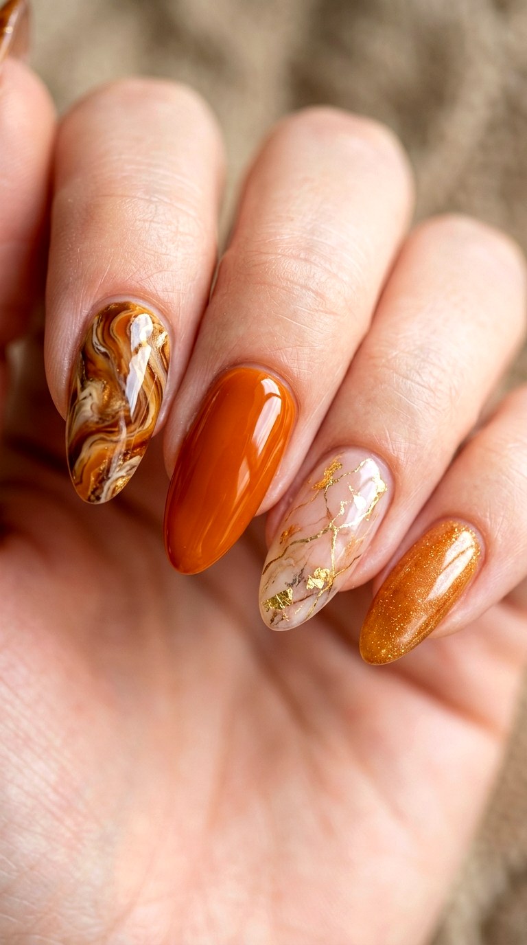 Mismatched Amber Marble Set - 22 Glossy Amber Marble Nails