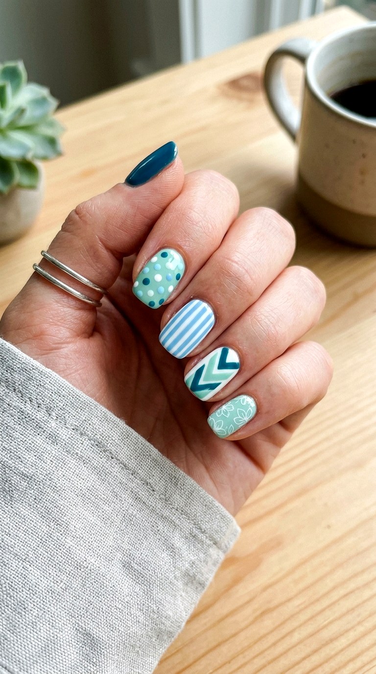 Mismatched Pattern Teal Nail Art - 24 Teal Nail Art Ideas