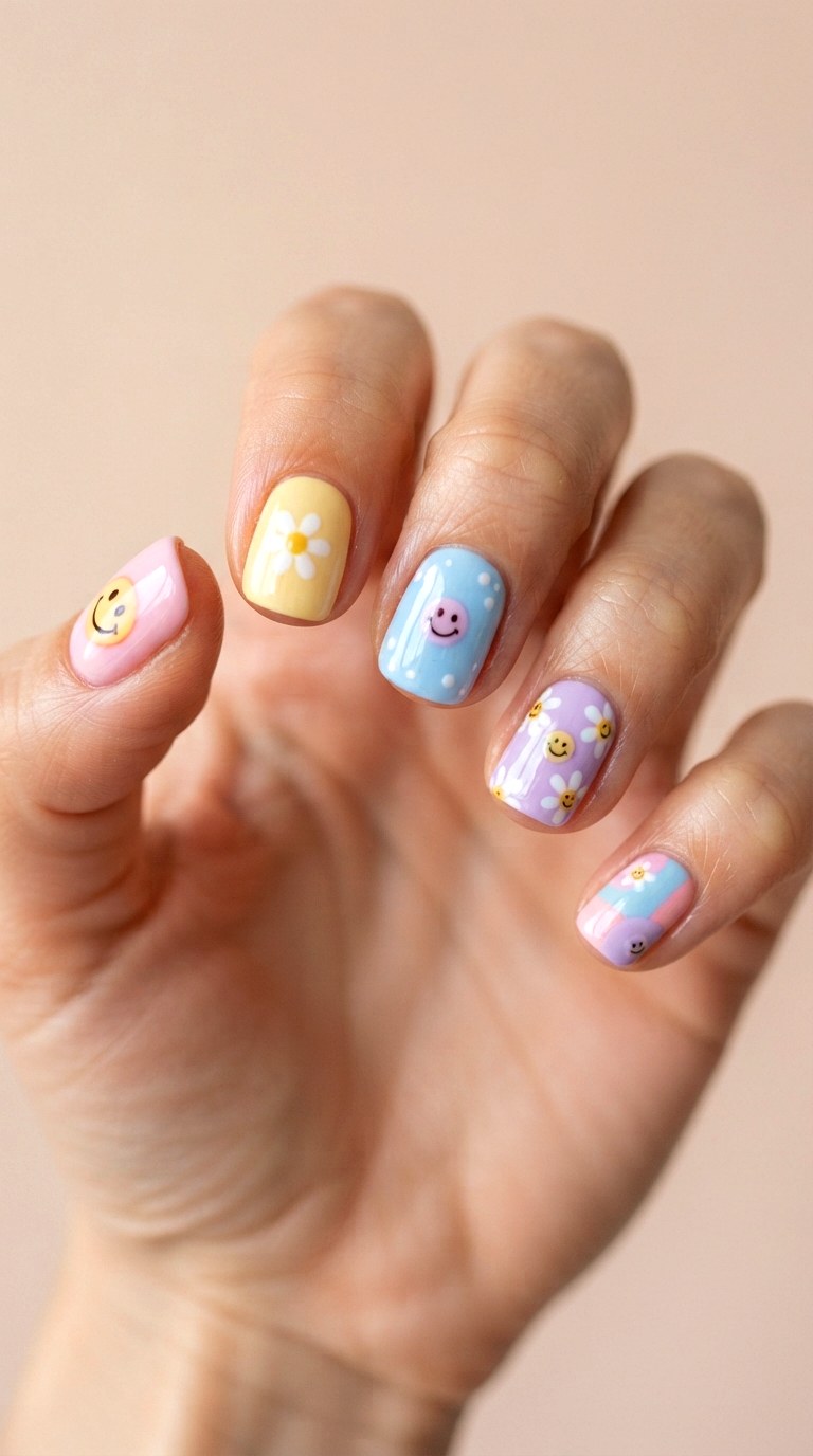 Mismatched Retro Smileys And Daisies - 22 teen back to school nail art designs