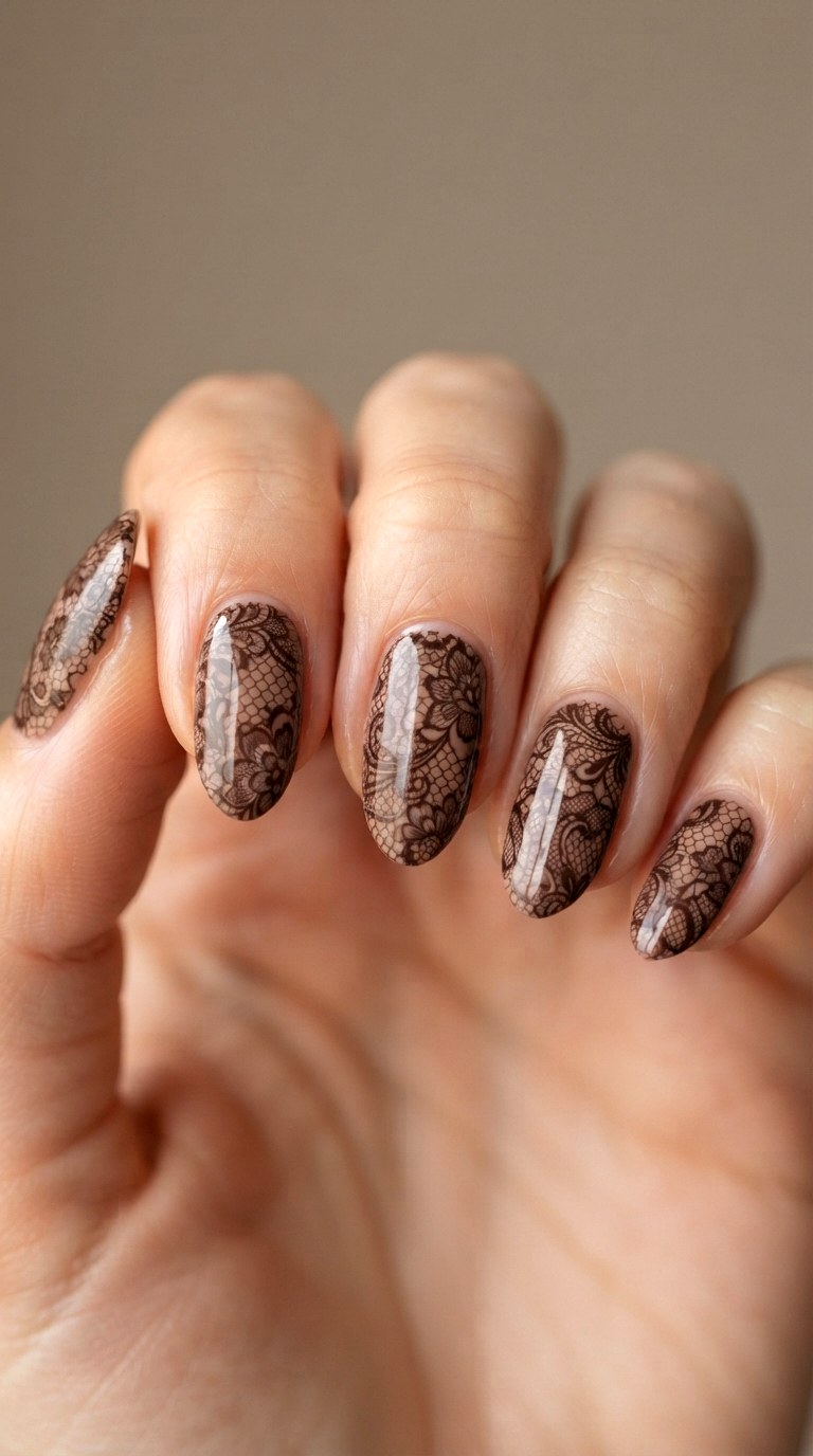 Mocha Brown Lace Art - 22 lace nail art ideas