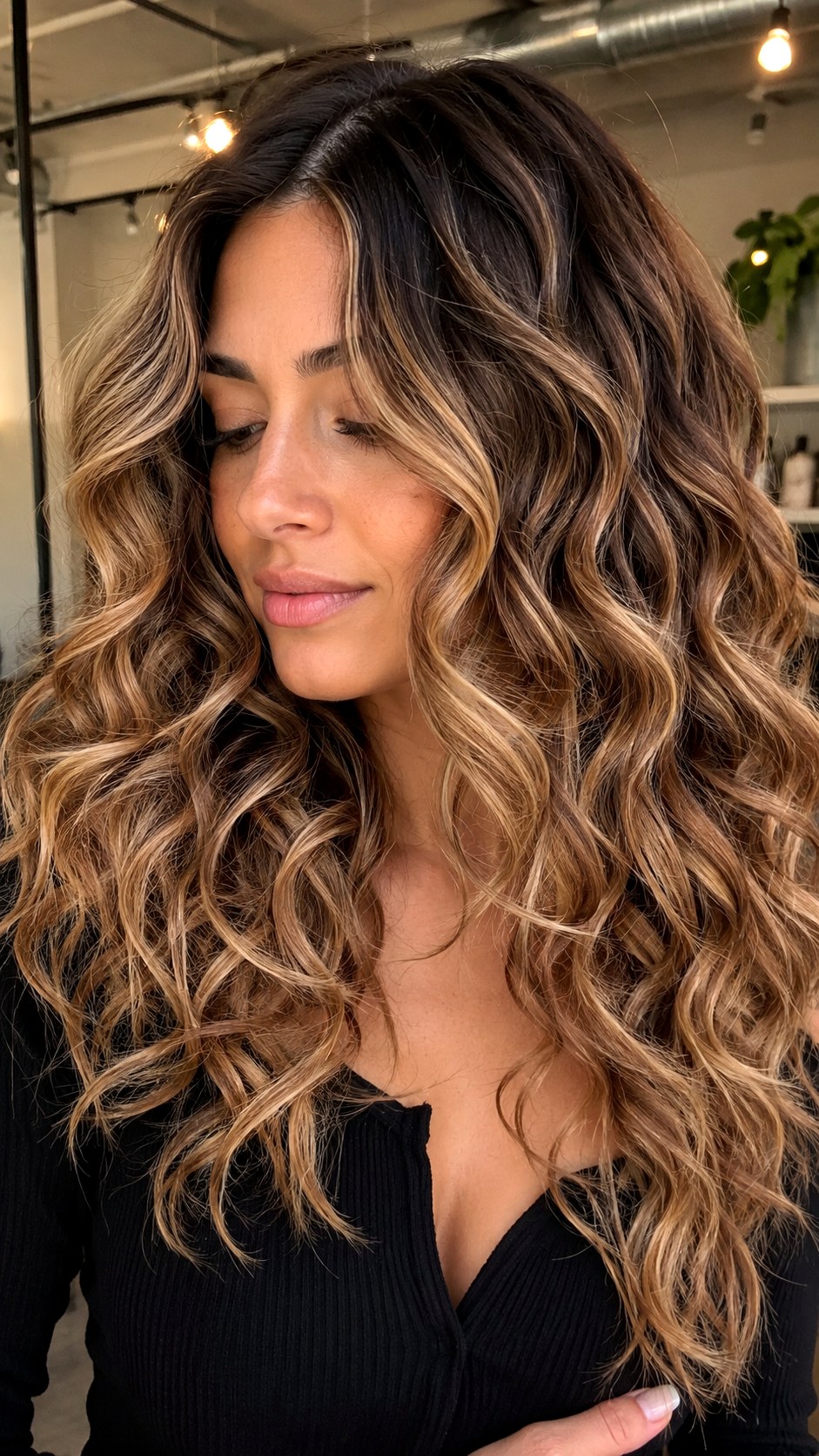 Mocha Latte Root Smudge Spirals - 25 Curly Hair Color Ideas
