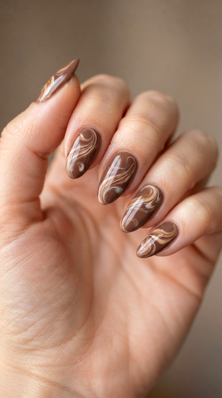Mocha Mousse Swirl Abstract Design - 22 teen back to school nail art designs