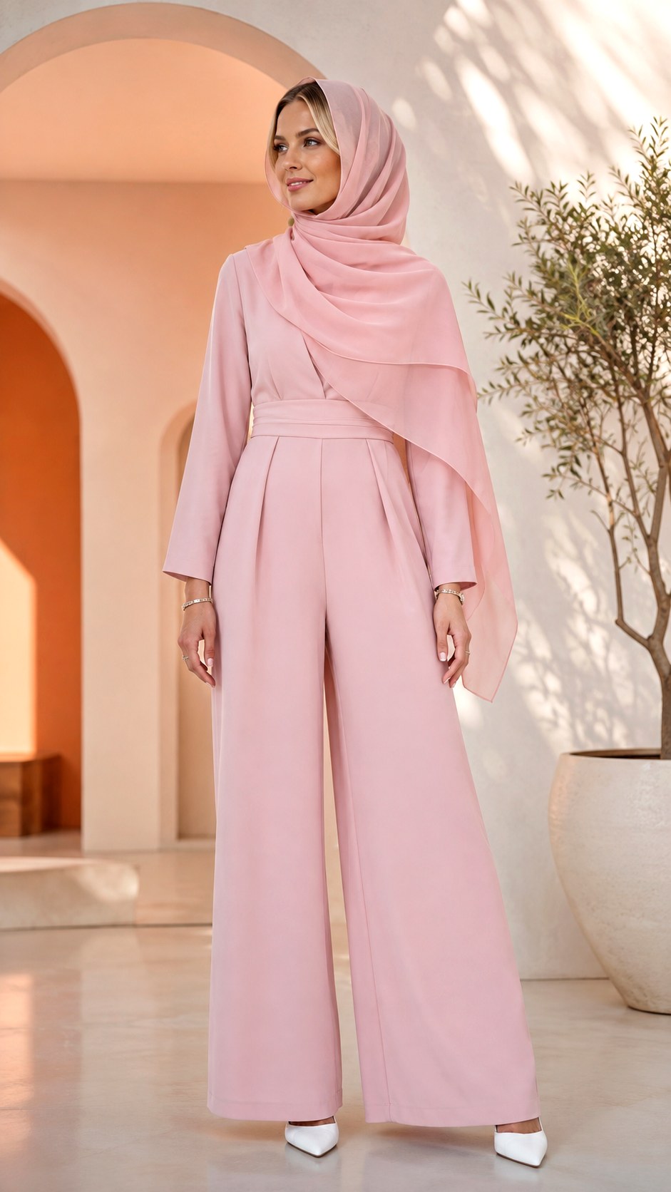 Monochromatic Pink Jumpsuit Hijab Look - 23 baby pink outfit hijab ideas